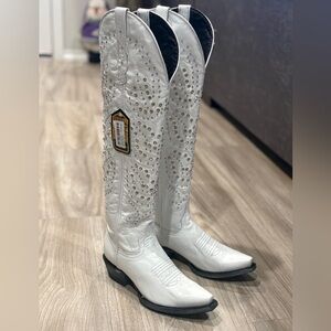 White Embellished Knee-High Cowboy Boots